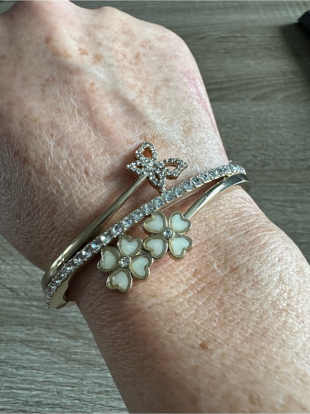 Anne Klein Gold-Tone White Flower & Crystal Bangle Bracelet